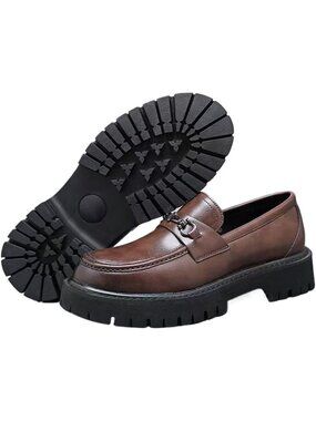 Men’s Brown Patent Leather Platform Loafers Non Slip Casual Dress Shoes